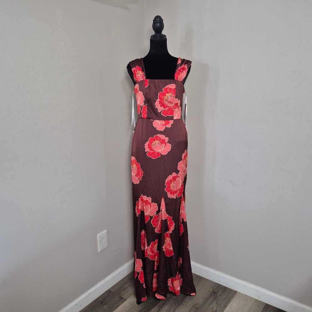 Nicole Miller New York Floral Maxi Dress Bitter Chocolate Brown Red Pink Size 4